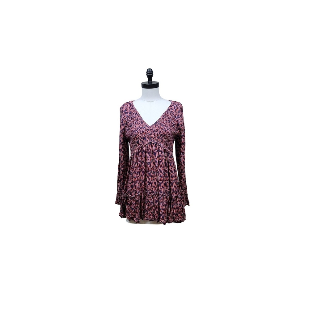 BeachLunchLounge Pink Purple Ikat Smocked V-Neck Tiered Fit-n-Flare Tunic Top M